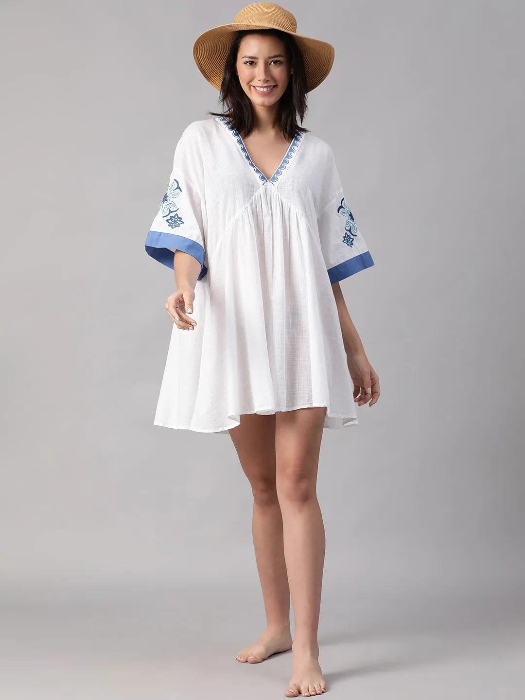 Abstract White Embroidered Flare Beachwear Cotton Dress for Women Dress