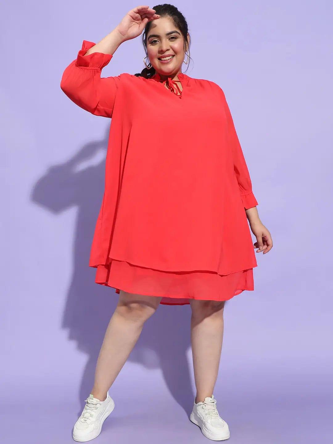 Women Plus Size Curvy Red Round Neck Tie-Up Flare Dress