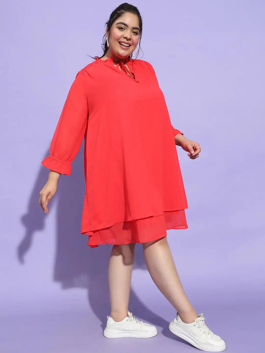 Women Plus Size Curvy Red Round Neck Tie-Up Flare Dress