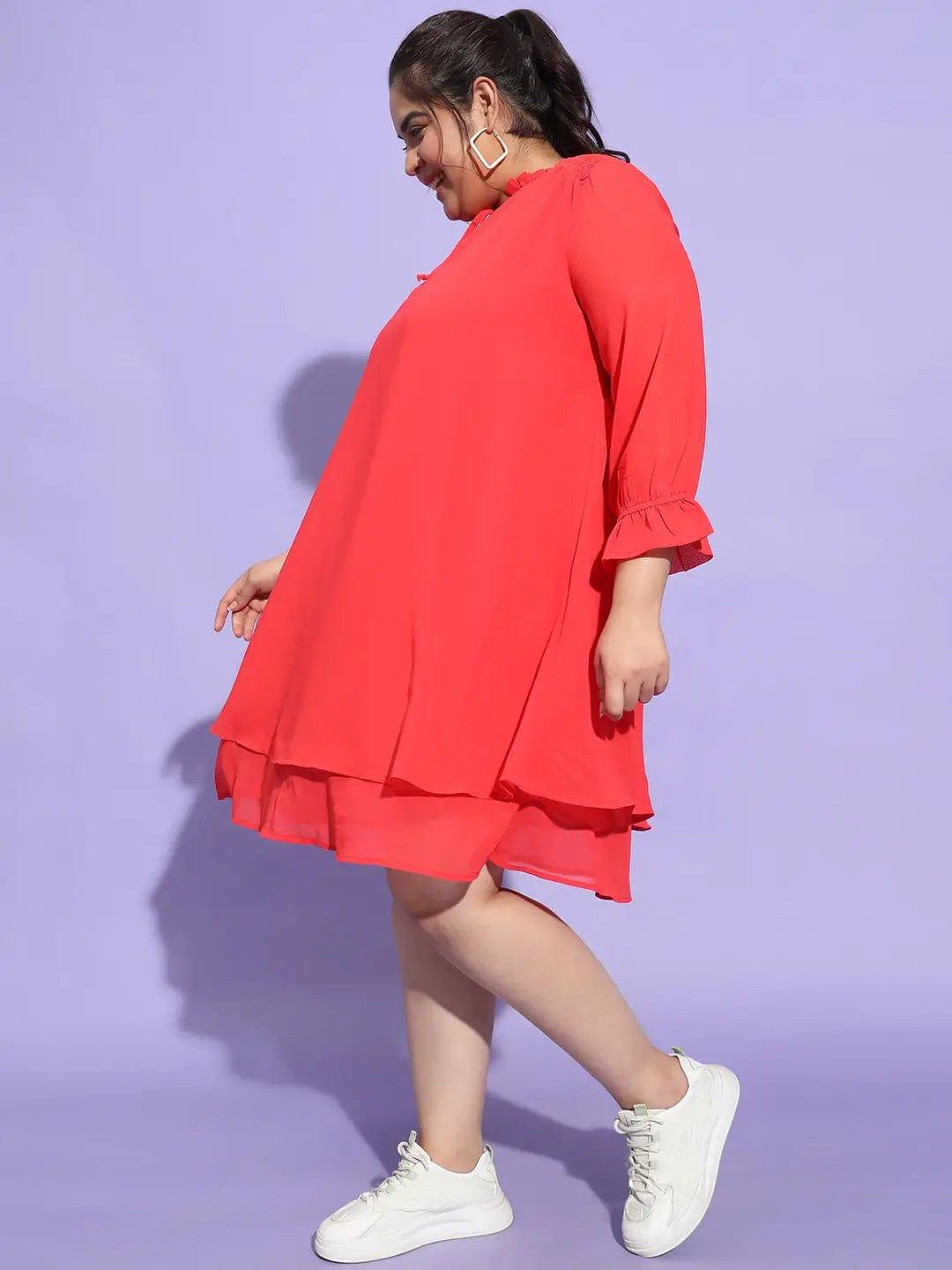 Women Plus Size Curvy Red Round Neck Tie-Up Flare Dress