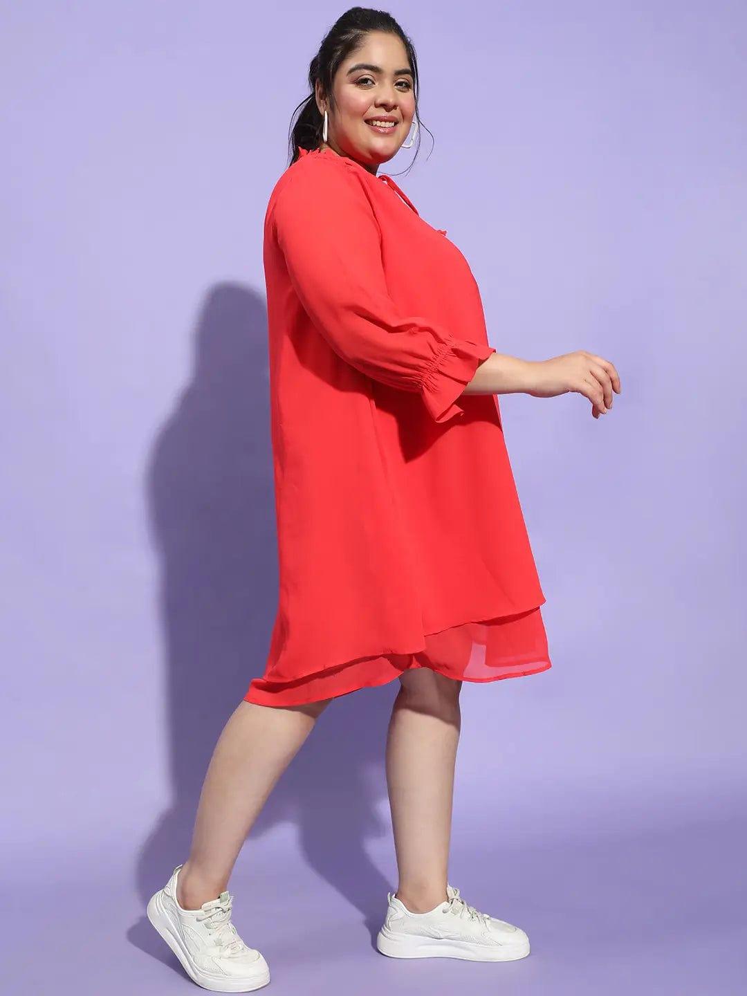 Women Plus Size Curvy Red Round Neck Tie-Up Flare Dress