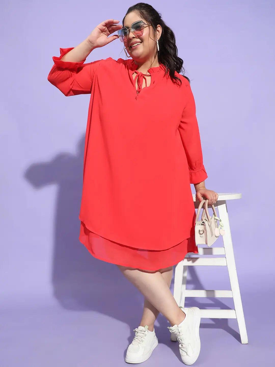 Women Plus Size Curvy Red Round Neck Tie-Up Flare Dress