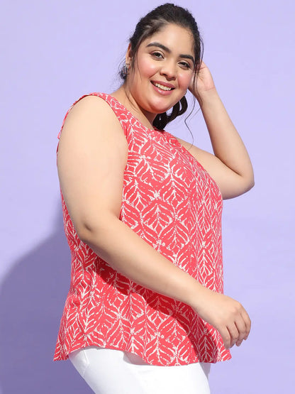 Rocking Red Printed Sleeveless Plus Size Top for Women