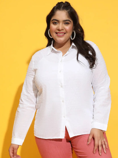 Fairy White Collared Long Sleeve Swiss Dotted Plus Size Shirt