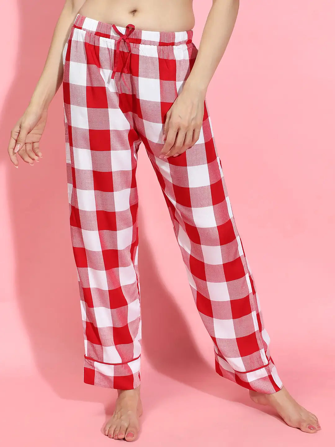 Women Red Check Print Elasticated Tie-Knot Nightwear Pajama