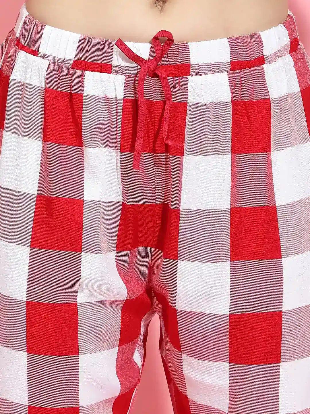 Women Red Check Print Elasticated Tie-Knot Nightwear Restful Pyjamas