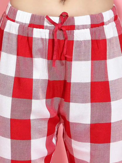 Women Red Check Print Elasticated Tie-Knot Nightwear Pajama