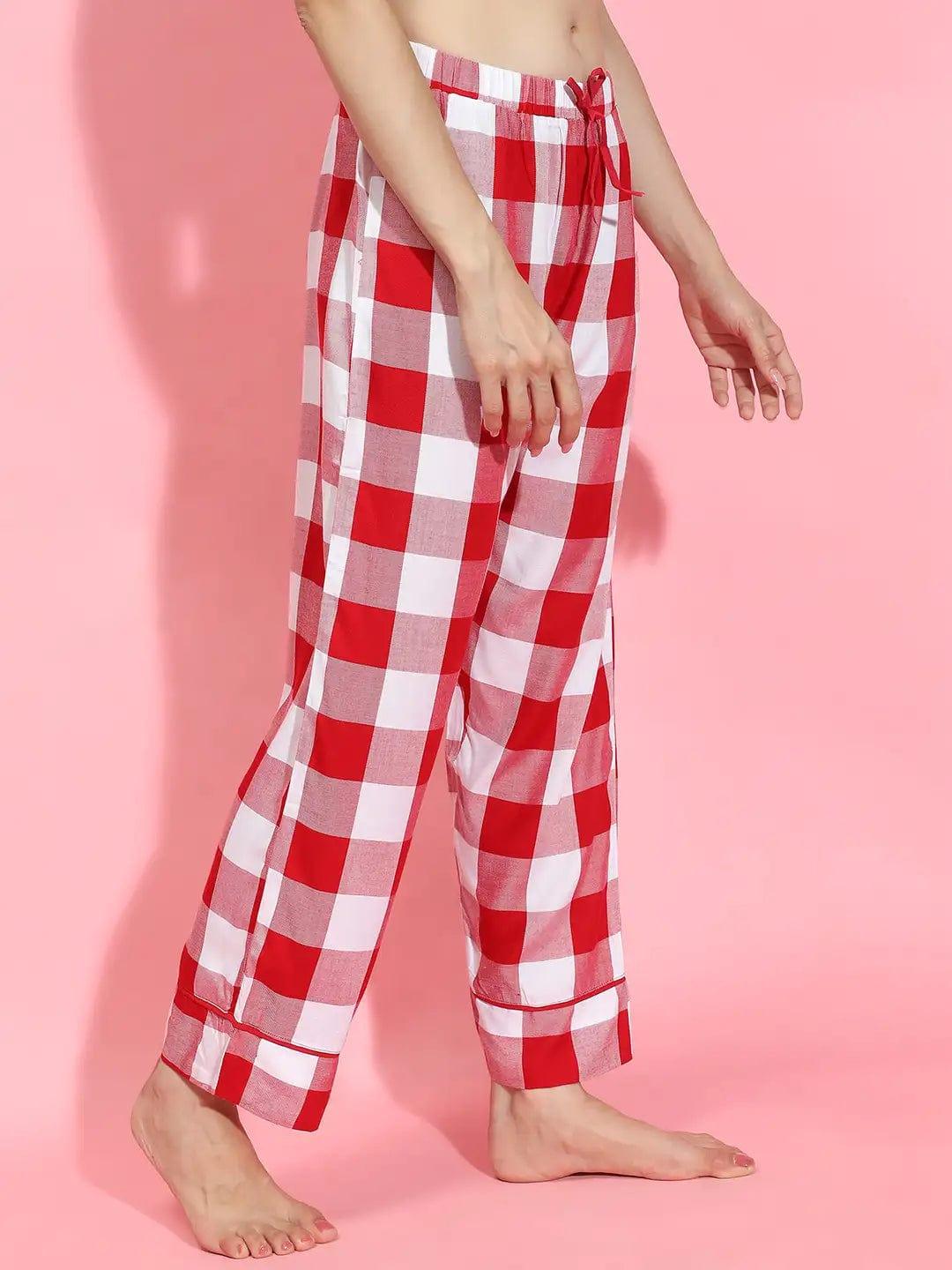 Women Red Check Print Elasticated Tie-Knot Nightwear Restful Pyjamas