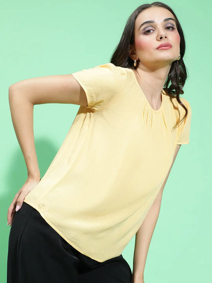 Dote Yellow Round Neck Short Sleeve Women’s Top