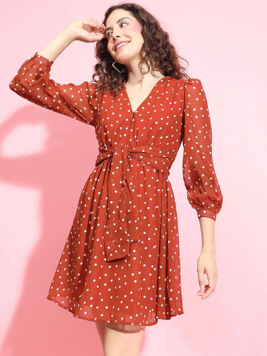 Party Polka Print Brown Color Elasticated Dress for Women Dress