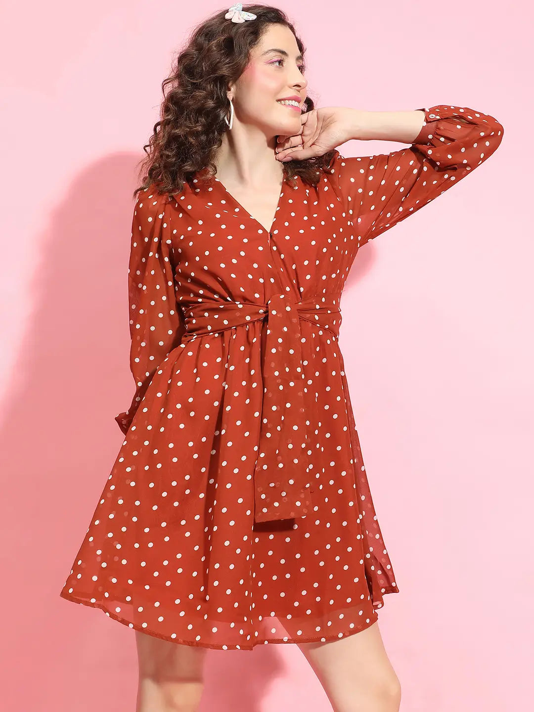 Party Polka Print Brown Color Elasticated Dress for Women