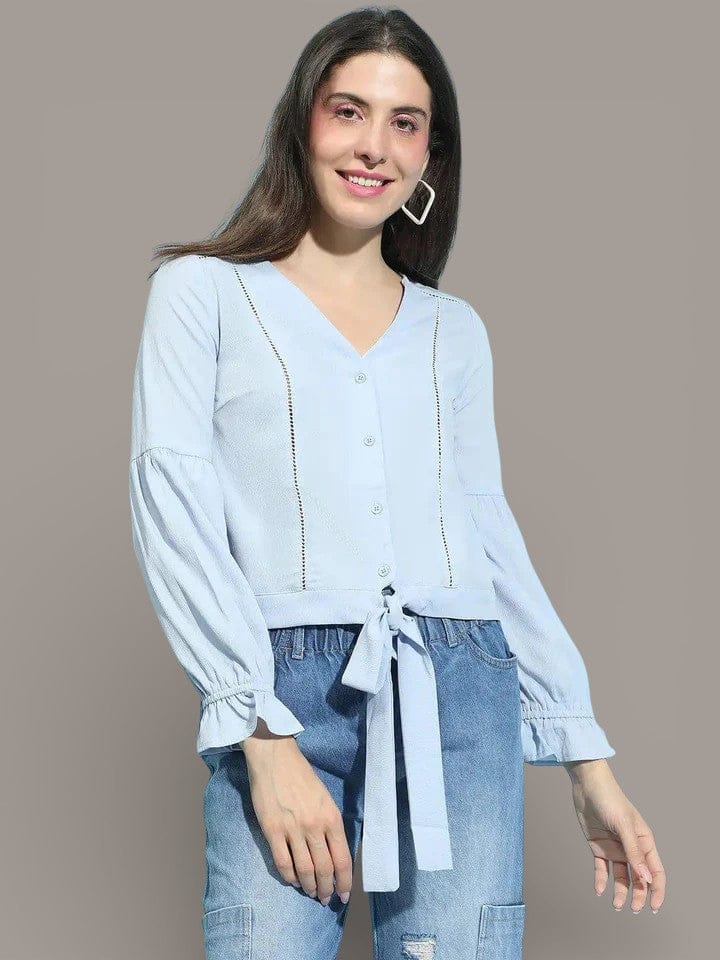 Blue Button Down Top - Women's Lace Detailed Tie Knotted Blouse With Bell Sleeves