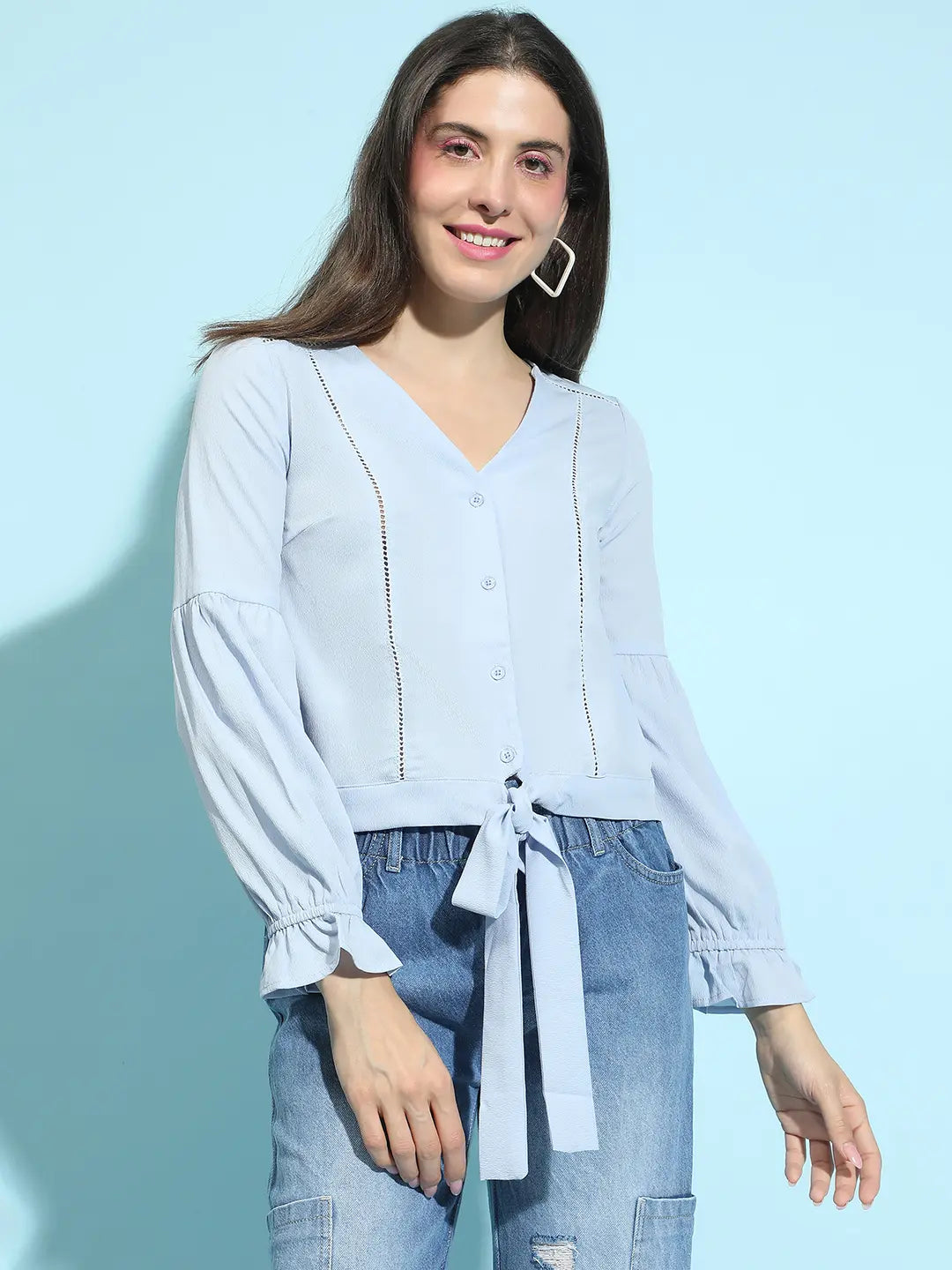 Genz Blue Button-Down Tie-Knotted Lace Detailed Top