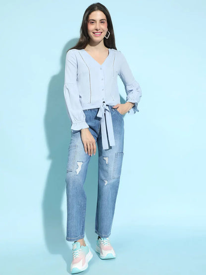 Genz Blue Button-Down Tie-Knotted Lace Detailed Top