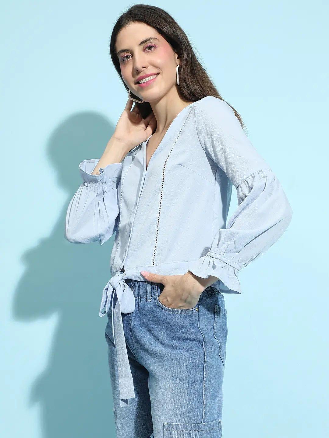 Genz Blue Button-Down Tie-Knotted Lace Detailed Top