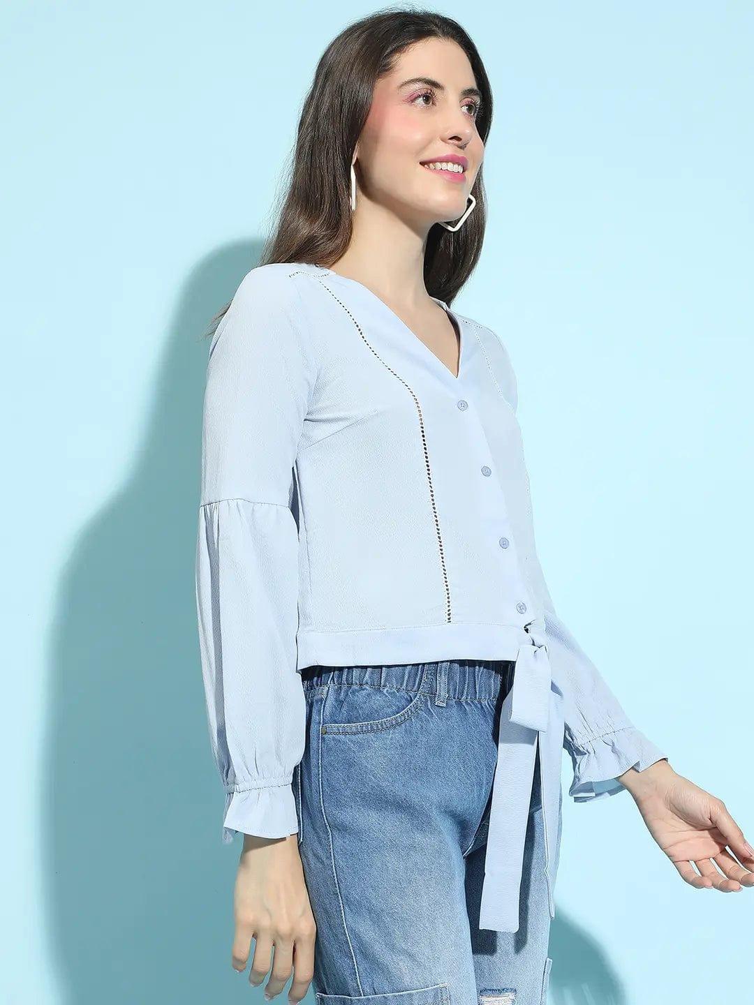 Genz Blue Button-Down Tie-Knotted Lace Detailed Top