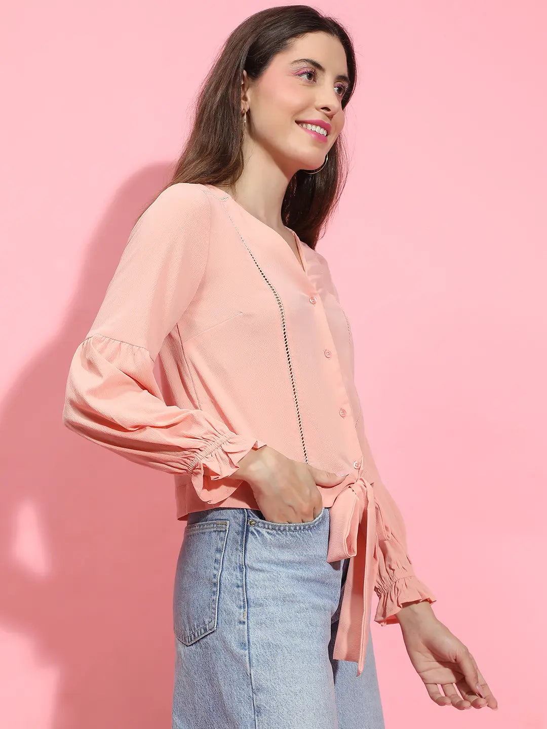 Specific Peach Button-Down Tie-Knotted Lace Detailed Top