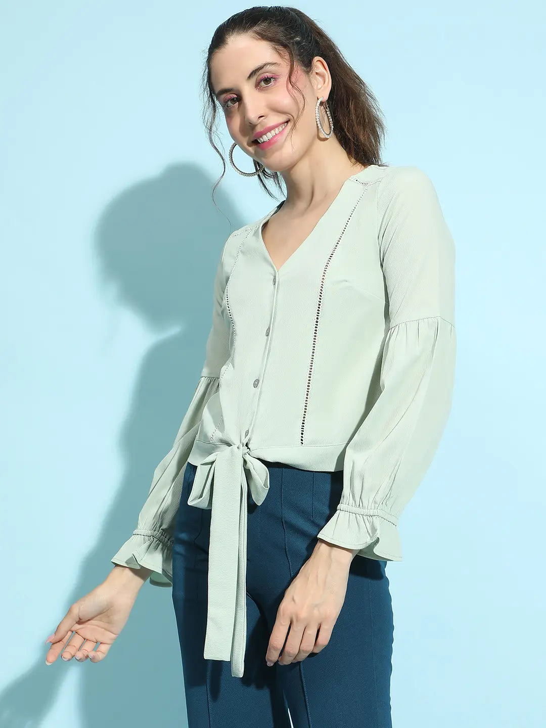 Light Green Button-Down Tie-Knotted Lace Detailed Top