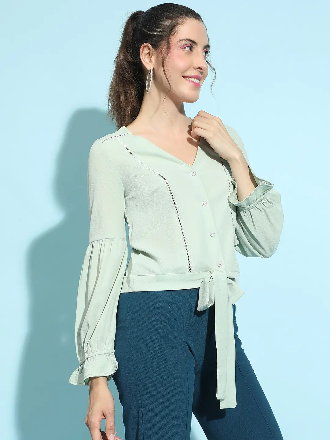 Light Green Button-Down Tie-Knotted Lace Detailed Top