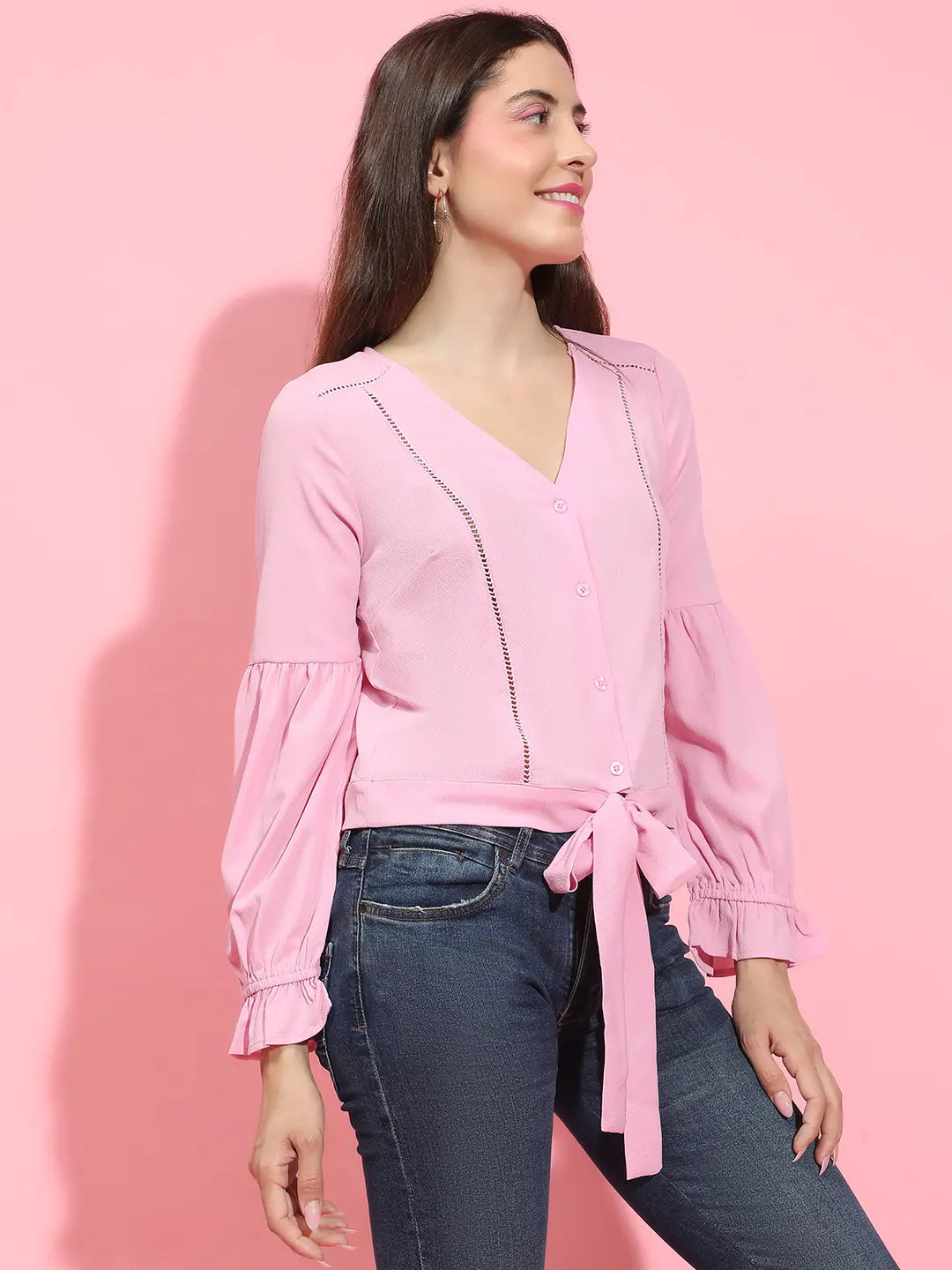 Pastel Pink Button-Down Tie-Knotted Lace Detailed Top