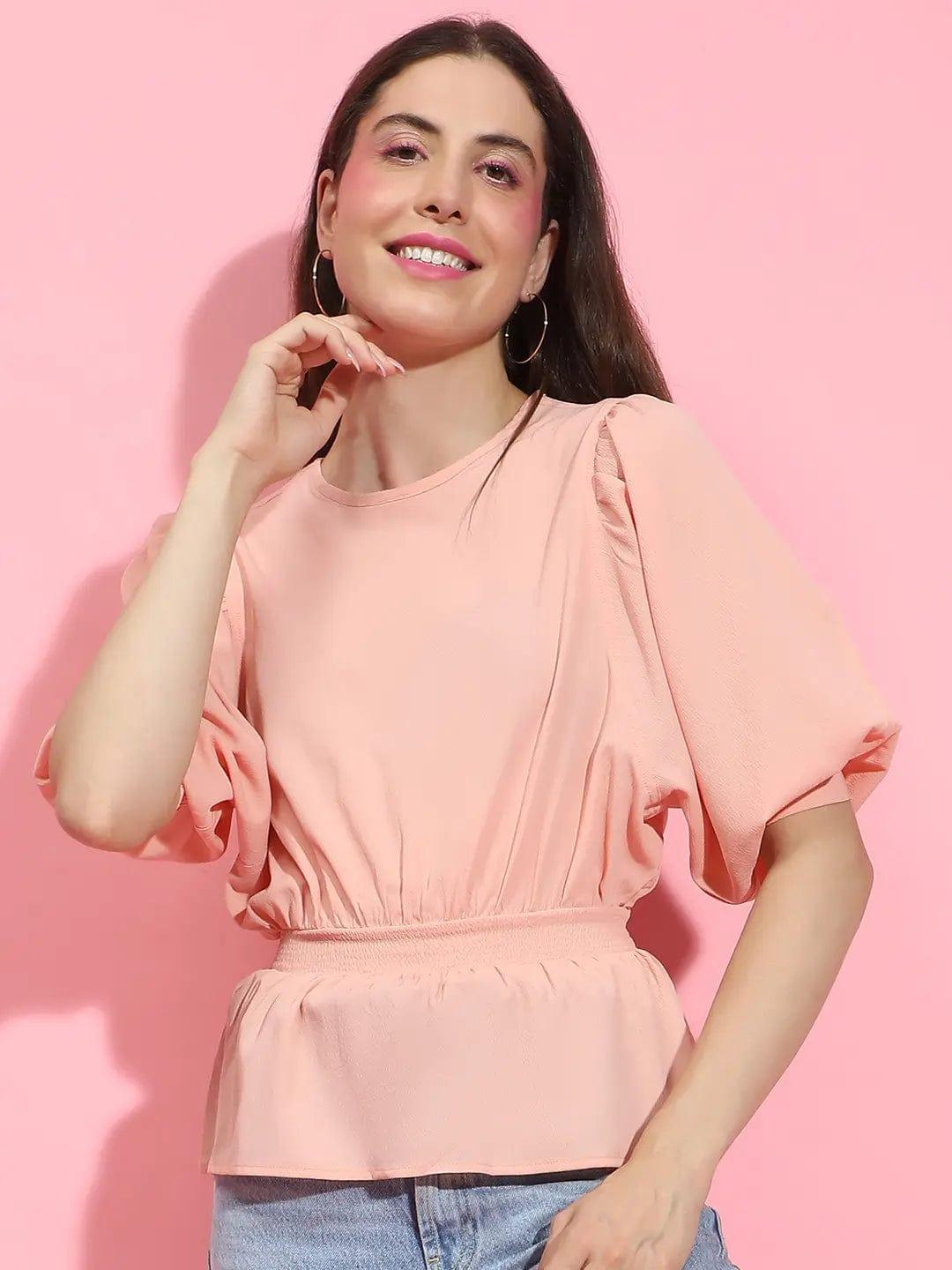 Flattering Peach Smocked Puffed Sleeve Top for Women