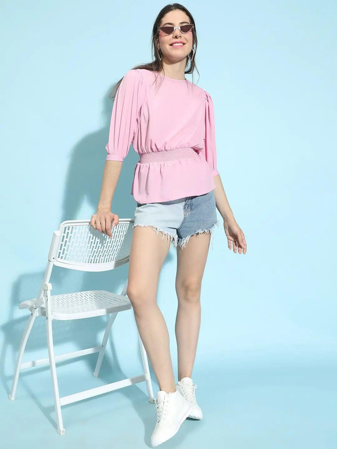 Persona Pink Smocked Puffed Sleeve Top for Women