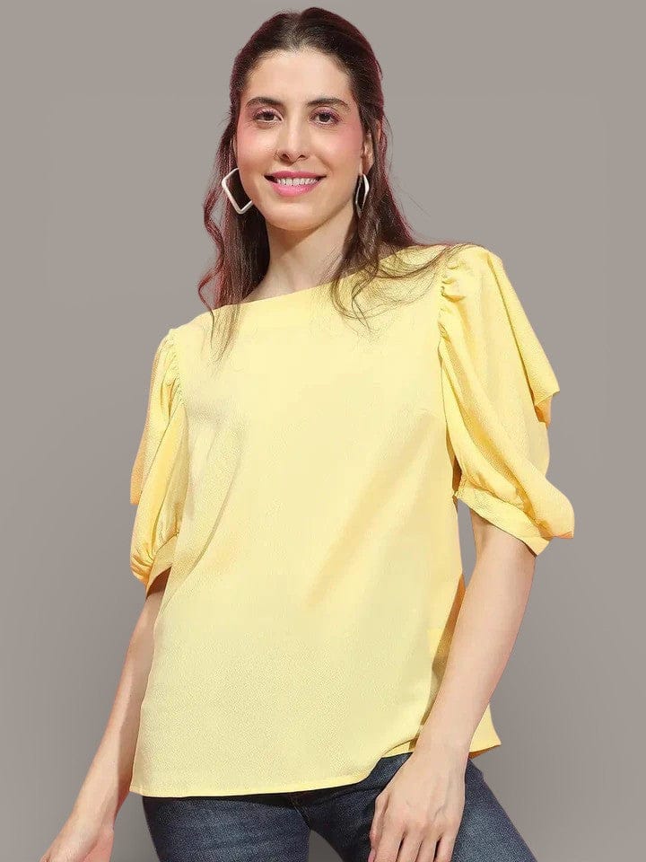 Yellow Puff Sleeve Top - Solid Women's Crop Top in Polyester Fabric