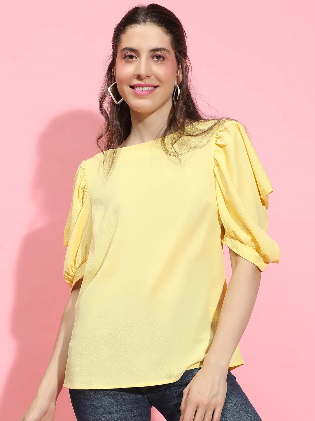 Sunshine Solid Yellow Puff Sleeve Top for Women