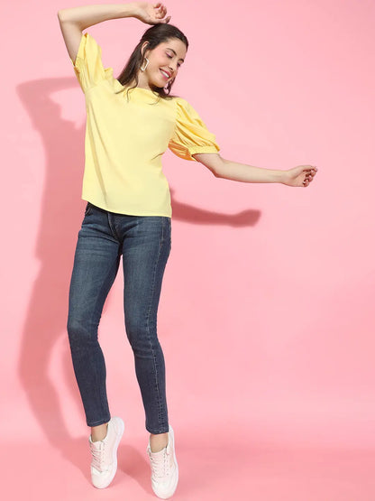 Sunshine Solid Yellow Puff Sleeve Top for Women