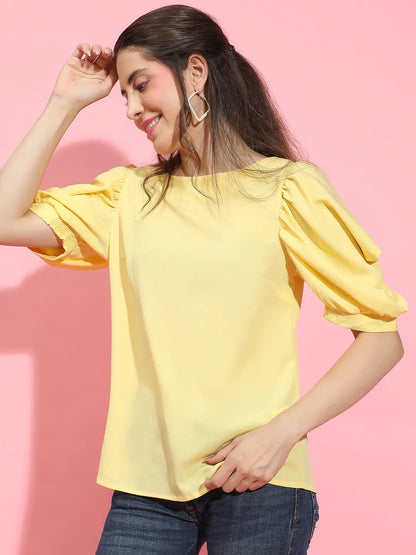 Sunshine Solid Yellow Puff Sleeve Top for Women