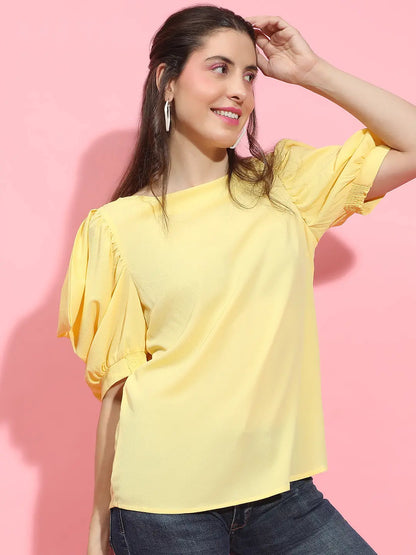 Sunshine Solid Yellow Puff Sleeve Top for Women