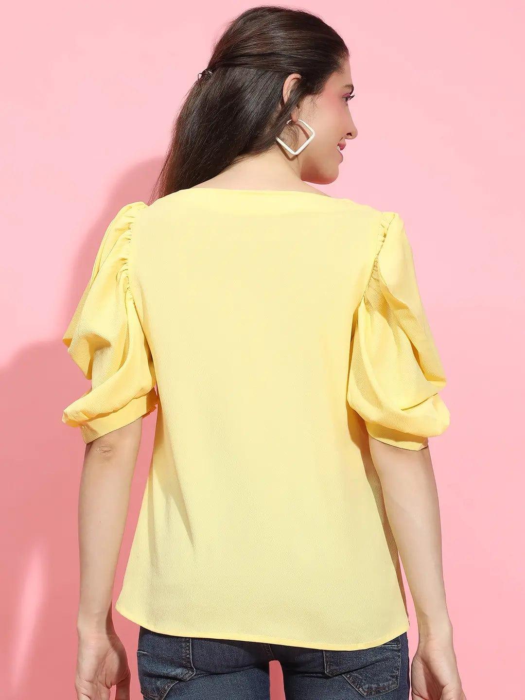 Sunshine Solid Yellow Puff Sleeve Top for Women