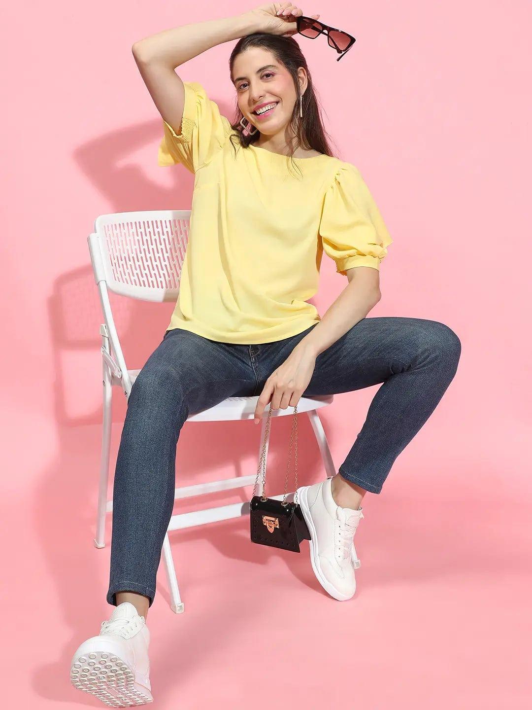 Sunshine Solid Yellow Puff Sleeve Top for Women