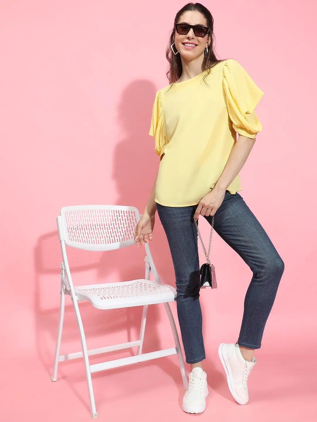 Sunshine Solid Yellow Puff Sleeve Top for Women