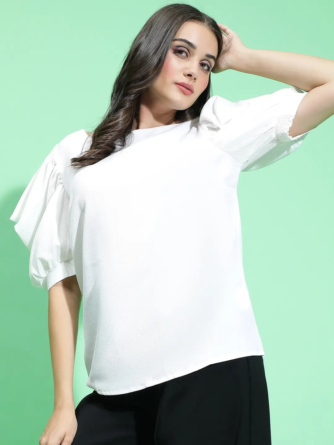 Snowdrop Chic White Round Puff Sleeve Women’s Top