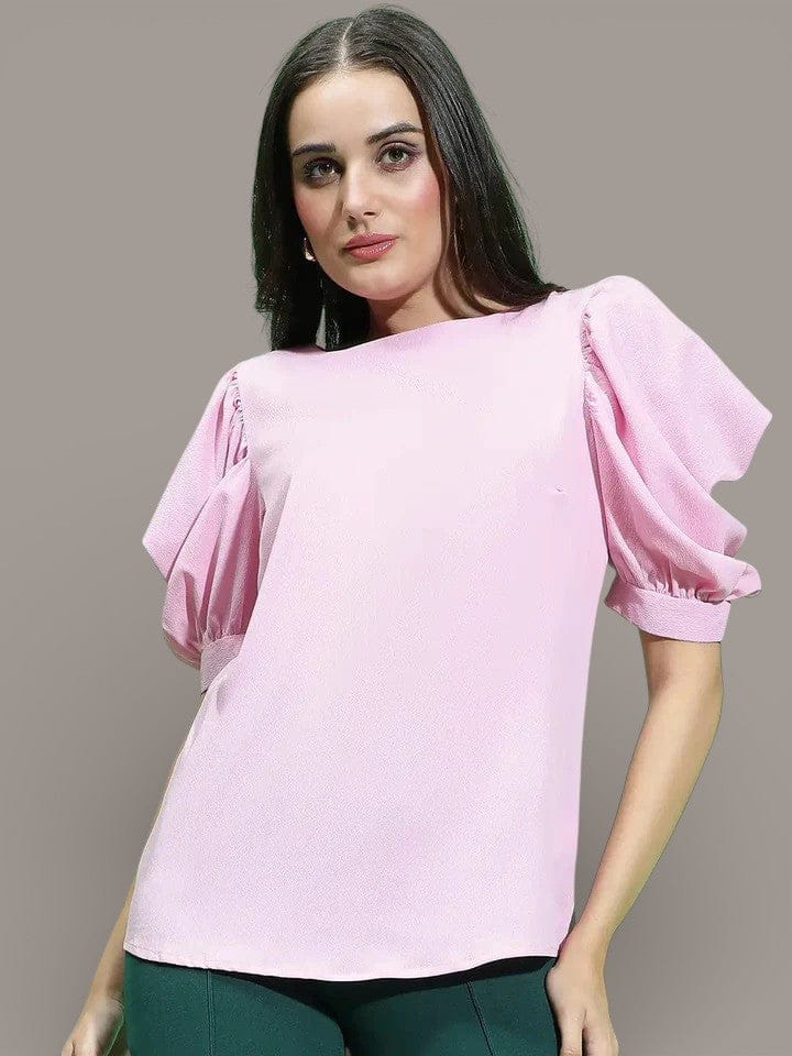 Puff Sleeve Top - Pink Women's Crop Top With Round Neckline & Breathable Polyester