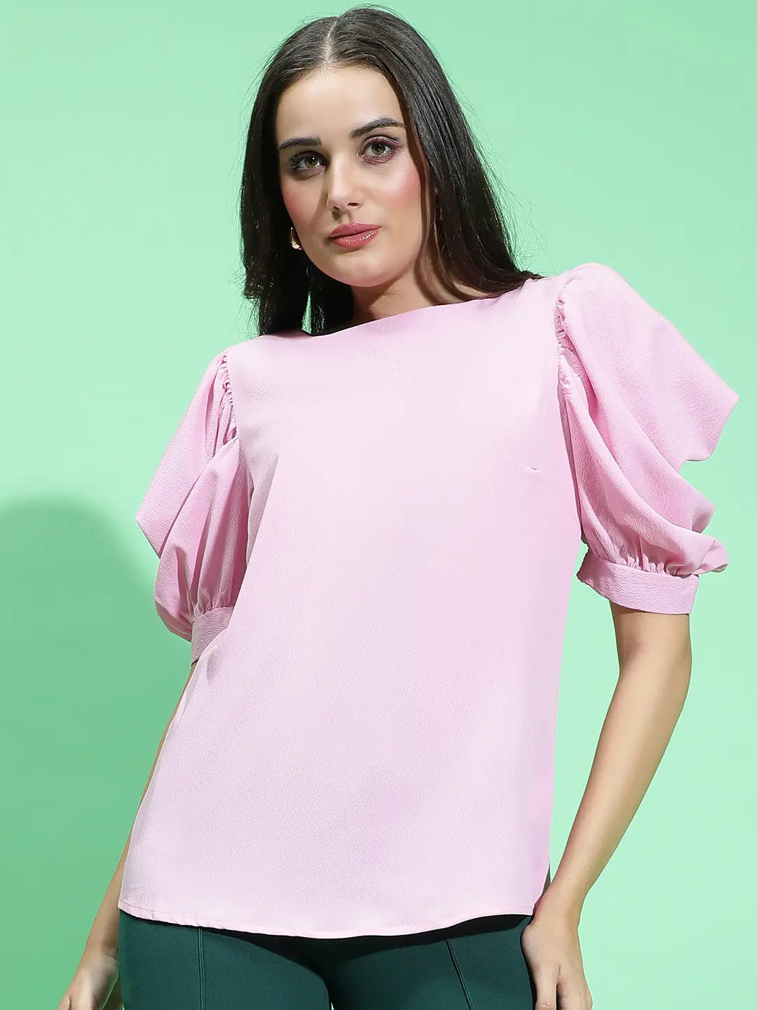 Blush Blossom Pink Round Puff Sleeve Women’s Top