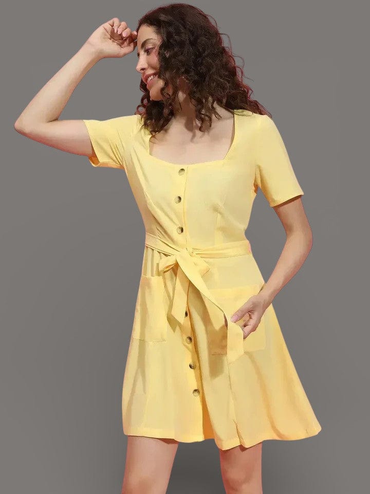 Yellow Button Down Dress - Women's Casual Polyester Summer Dress With Pockets & Belt