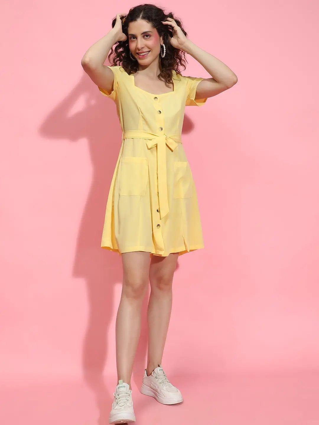 High Blend Yellow Pocket-Spaced Button-Down Women Dress