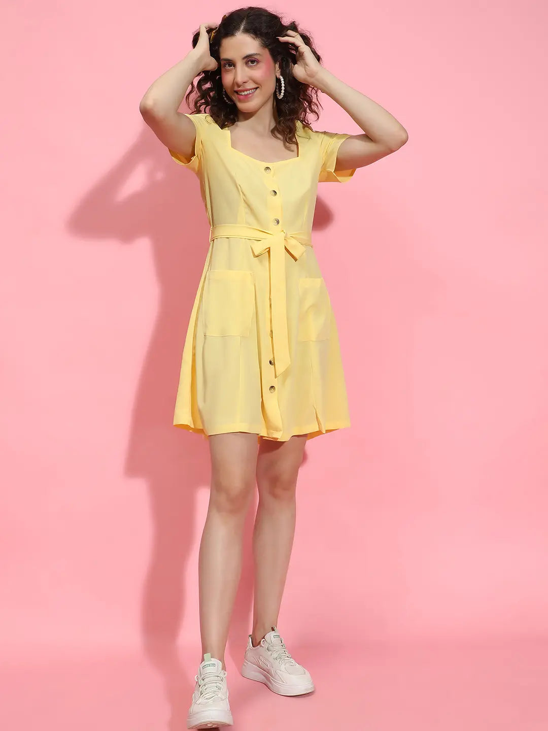 High Blend Yellow Pocket-Spaced Button-Down Dress for Women