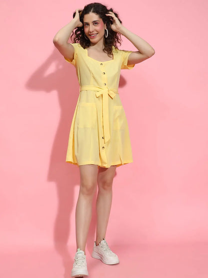 High Blend Yellow Pocket-Spaced Button-Down Dress for Women