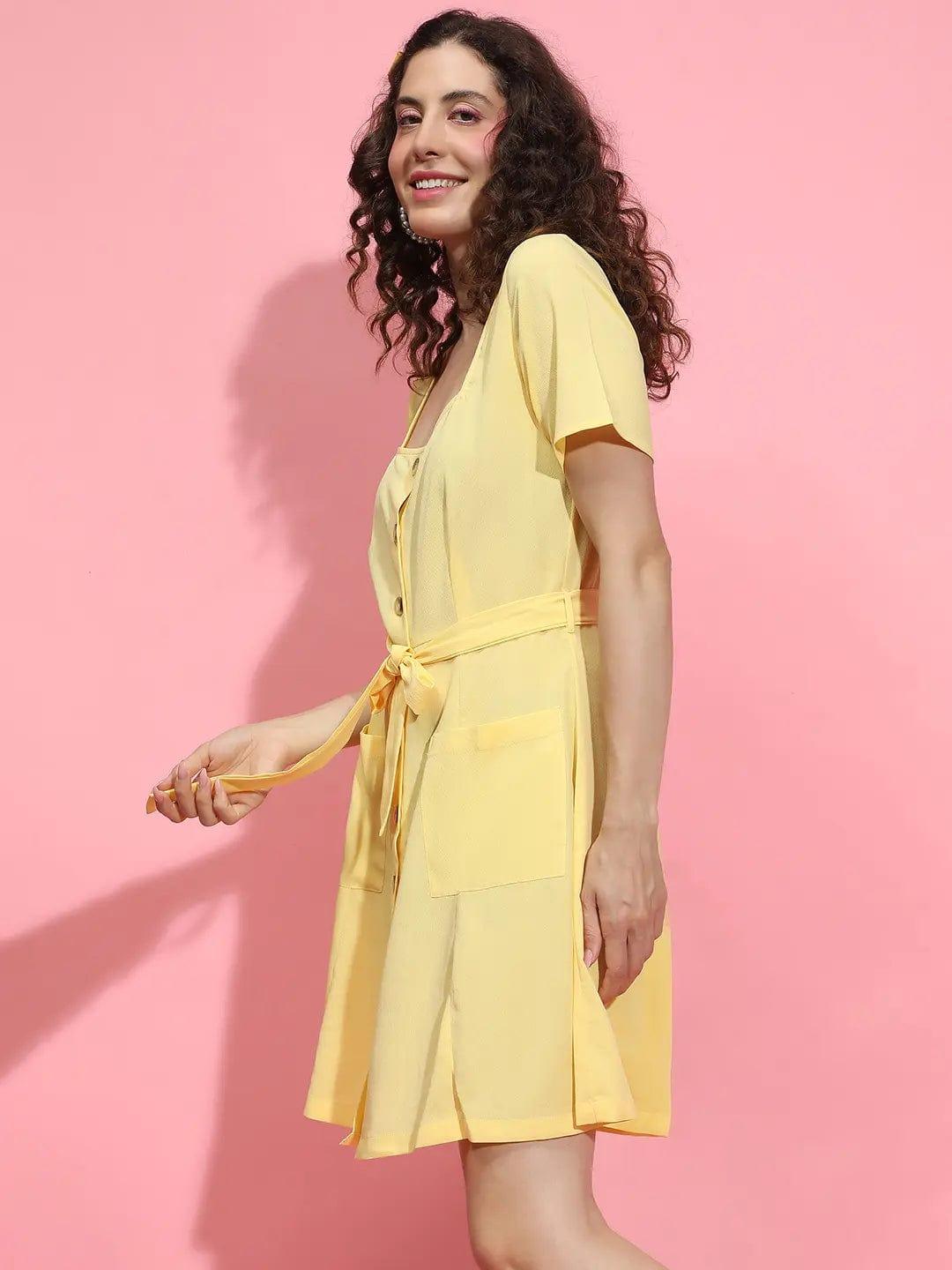 High Blend Yellow Pocket-Spaced Button-Down Women Dress