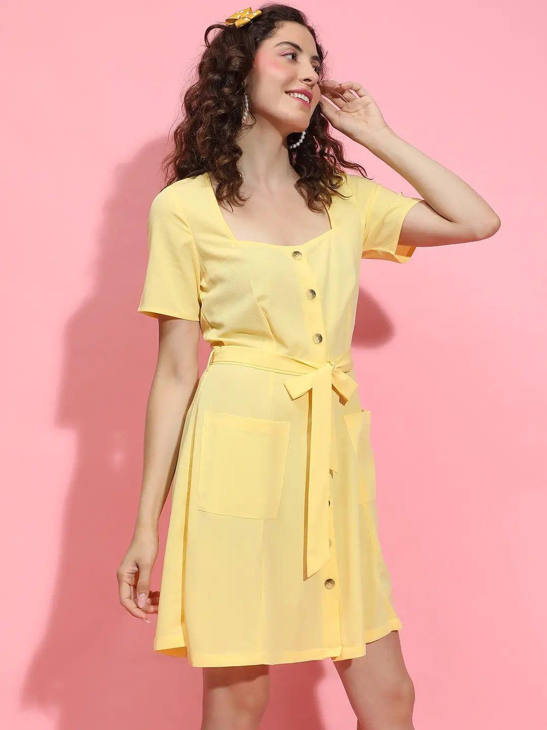 High Blend Yellow Pocket-Spaced Button-Down Women Dress