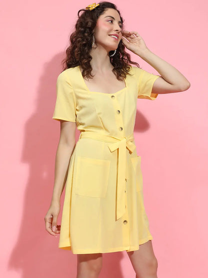 High Blend Yellow Pocket-Spaced Button-Down Dress for Women