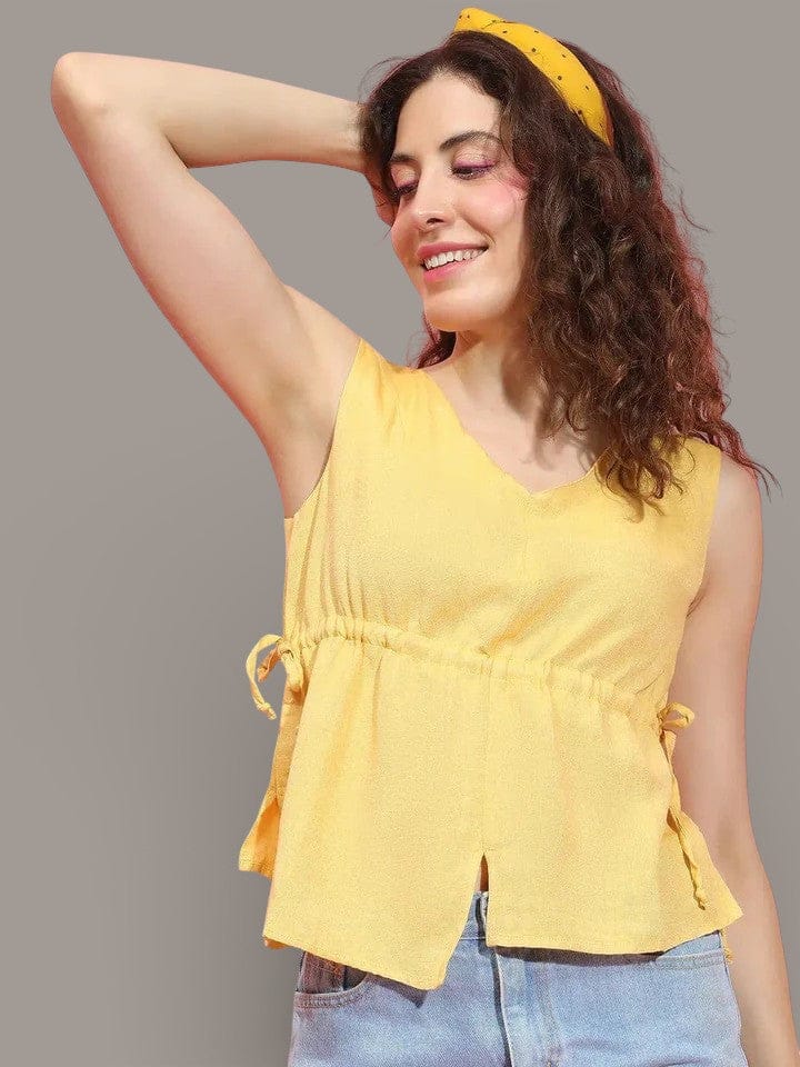 Yellow Sleeveless Top - Cotton Summer Crop Top With Elastic Waist & Adjustable Tie Knot