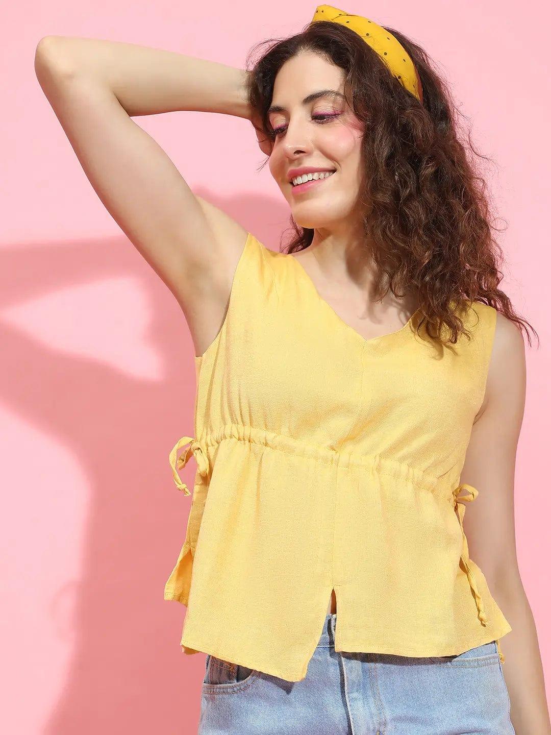 Sunbeam Yellow Sleeveless Elastic Detailing Top for Women