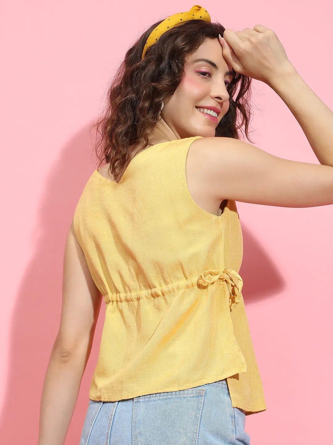 Sunbeam Yellow Sleeveless Elastic Detailing Top for Women