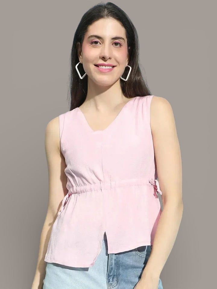 Pink Sleeveless Top - Cotton Crop Top With Tie Knot Detail & Elastic Waist