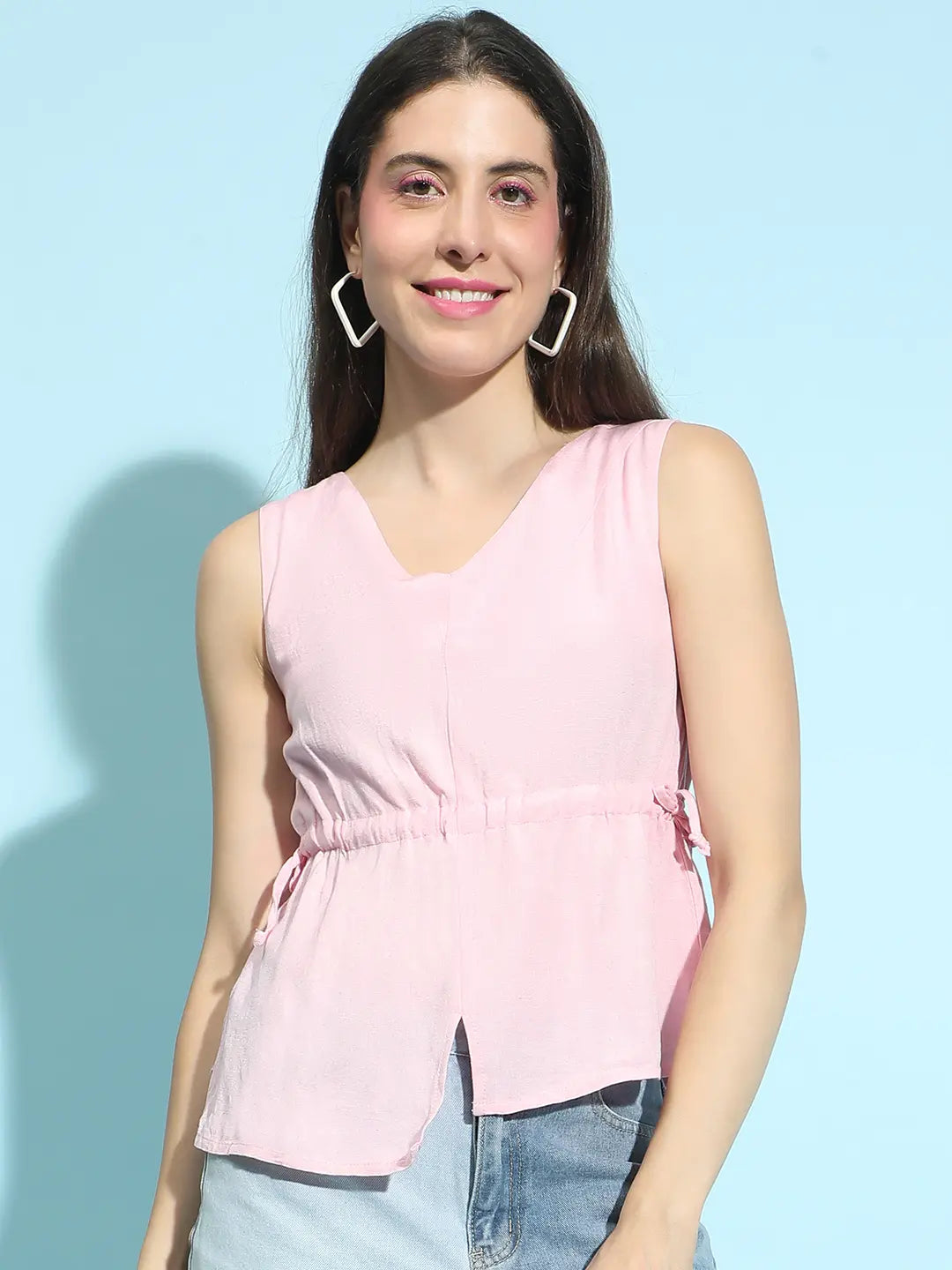 Sunset Pink Round Neck Elastic Detailing Sleeveless Top