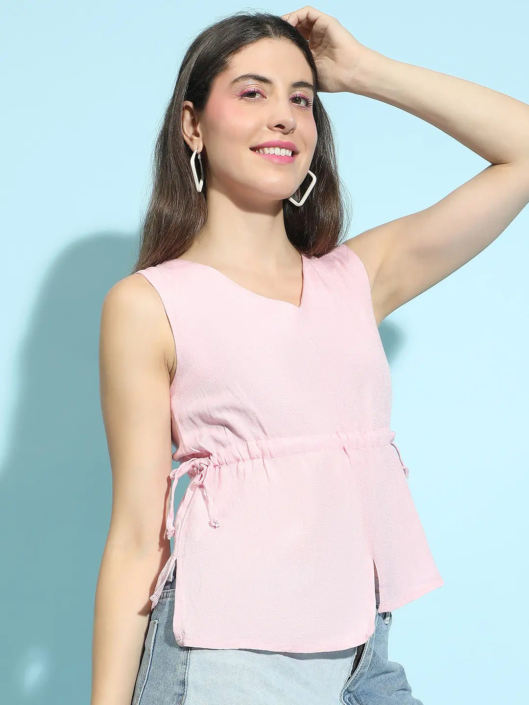 Sunset Pink Round Neck Elastic Detailing Sleeveless Top